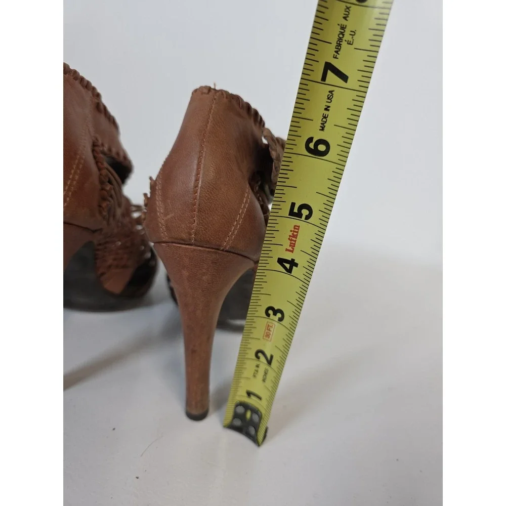 Allsaints‎ Co. Orange Leather Woven Heels Shoes Ankle Buckle 37 TAIN Distressed